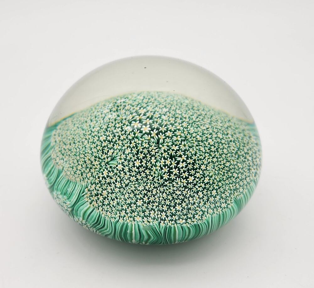 Vintage Millefiori Art Glass Paperweight Green White Daisy Floral 3" Italy Style